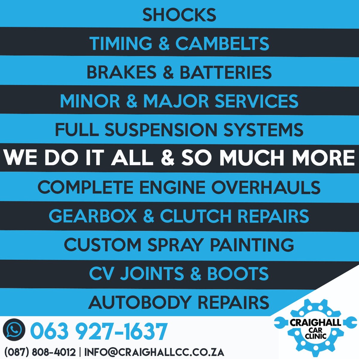 craighallauto's tweet photo. Convenient & affordable services we offer!
#craighall #batteries #shocks #struts #timing #cambelts #brakingcomponents #brakes #disks #brakepads #brakedisks #minorservice #majorservices #suspension #engineoverhaul #customspraypainting #spraypainting #cvjoint #cvboots #autobody https://t.co/Oj9RyiNTB7