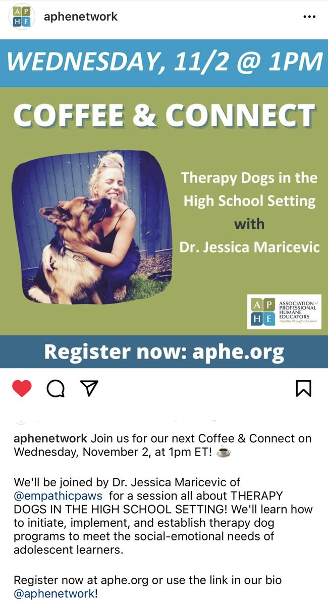 Empathic_Paws's tweet photo. #APHE’s November ‘Coffee & Connect,’
“#TherapyDogs in the #HighSchool Setting,” hosted by … me!
Register today!✌️❤️🐾
🔗 https://t.co/wZnrZRs9wF
.
.
#humananimalbond #anthrozoology #SEL #dogs #advocacy #satchat #edchat @RobinGanzert @DogUmwelt https://t.co/KDPoL8E34u