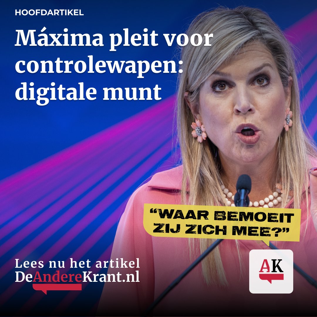 AndereKrant's tweet photo. Koningin Máxima heeft tijdens een bijeenkomst van het IMF in Washington afgelopen week gepleit voor het invoeren van een CBDC: een programmeerbare digitale munt, waarmee de overheid het gedrag van burgers volledig kan controleren.

Lees verder: https://t.co/sn4eMzsDA7 https://t.co/PCYjcSXje3