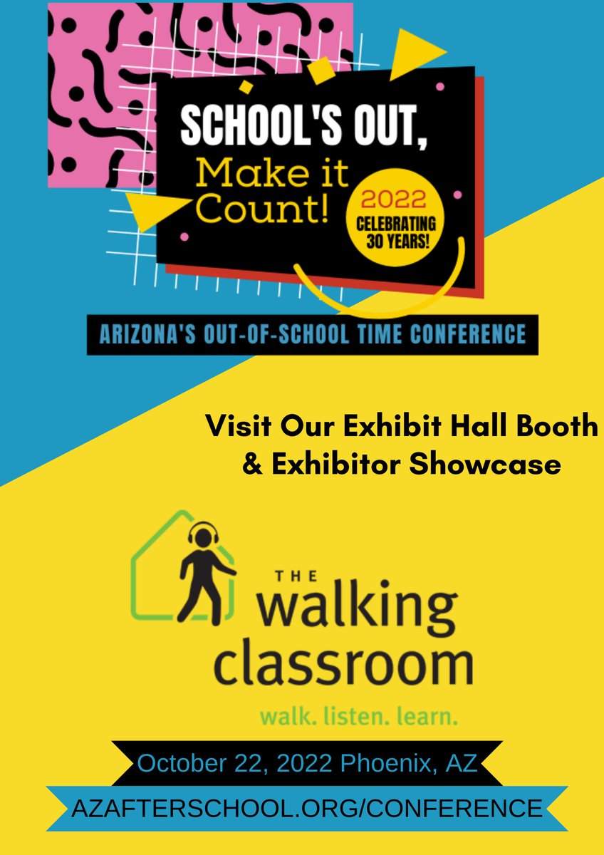 walkingclassrm's tweet photo. Attending the @AZ_Afterschool conference? Come to #TheWalkingClassroom pres 11/22 at 10:15am Rm 123. See @hatchdw tell you how to supplement learning with your afterschool students while they get fresh air and exercise!
https://t.co/MQk3JWo25D @HealthierGen https://t.co/6iePuJLqlu