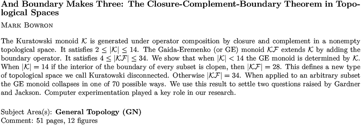 arxiv.org/abs/2210.10928…
M Bowron
And Boundary Makes Three: The Closure-Complement-Boundary Theorem in
  Topological Spaces