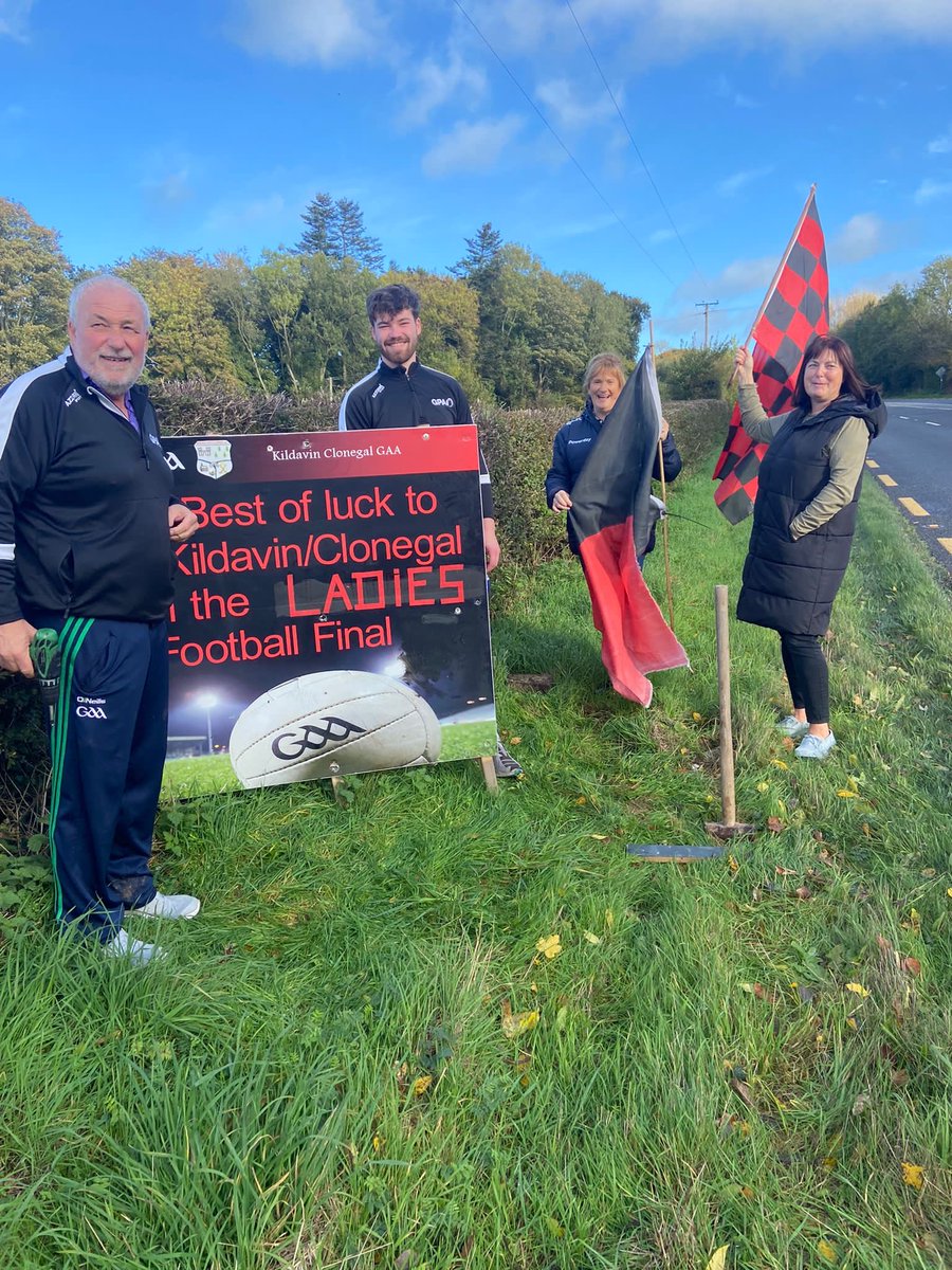 KCCamogieLGFA's tweet photo. And the build up has began. The manager was out early this morning getting the flags and signs up for next weeks big county final. So it’s now up to the rest of us to get the place painted red and black and get behind the players and management , so let’s see all those flags ⚫️🔴 https://t.co/QTs71rKGgm