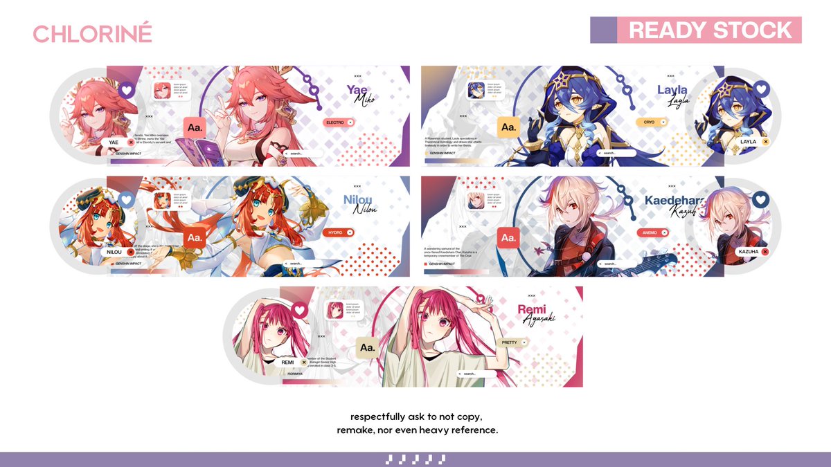help RT please? thank you 😼💗

aku ada layout ready stock genshin &amp; anime nih. price nya 13k/ea, dapet ava JPG + PNG. bisa di take pukul 19:00 yaa. kalau mau booking + fee 3k. payment via Dana/QRIS. makasihh! 🥺❤

#zonaba #zonauang