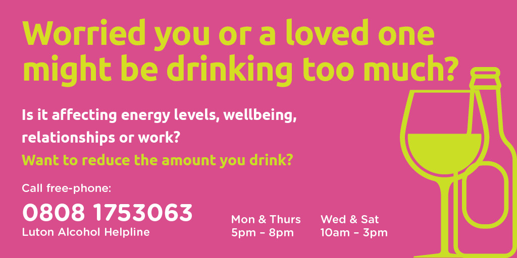 Worried about the effects of alcohol? 🤳 Give the Luton Alcohol Helpline a call, it’s free and our expert team can offer options. 📞 0808 1753 063 🕔 Mon & Thurs 5pm – 8pm 🕙 Wed & Sat 10am – 3pm For more information visit 👇 m.luton.gov.uk/Page/Show/news…