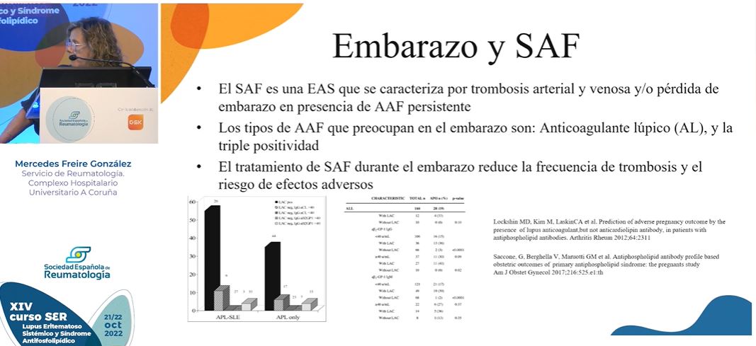 #lesysaf22 Dra. Freire: en #lupus y #SAF el riesgo en el embarazo🤰aumenta en la madre (brotes de actividad y trombosis) y en el feto (pérdidas fetales, retraso crecimiento) Es fundamental:
▶️Seguimiento preconcepcional, embarazo, parto y puerperio
▶️Valoración multidisciplinar‼️