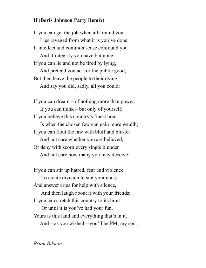 Here’s a reworked version of Kipling’s famous poem. It’s called ‘If (Boris Johnson Party Remix).