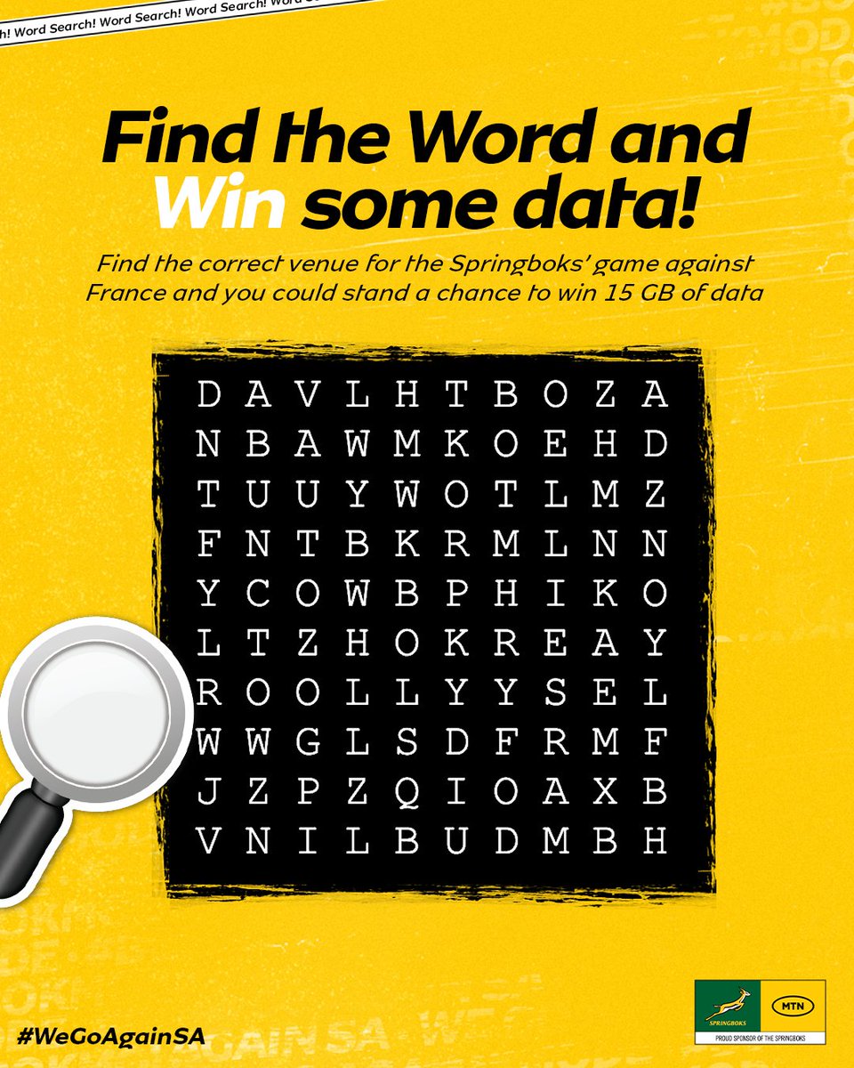 MTN_Rugby's tweet photo. Are we the only ones missing Springbok Rugby on the weekend?😅

Get stuck into this Word Search and you could win 15GB of data🕵️‍♂️

HINT: The city where the Boks will face Les Bleus for their #AutumnNationsSeries match 🇫🇷

#WeGoAgainSA https://t.co/AkTyq8Nyiu