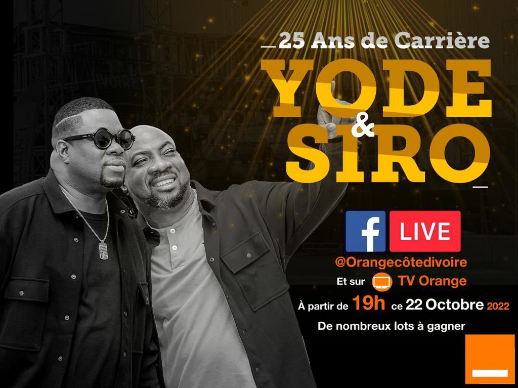 CI_Orange's tweet photo. C’est pas un simple concert. C’est la FÊTE des 25 ans de carrière des monuments du Zouglou, @YodeSiro . 💪🏼♥️ 
Vivez-la en live sur notre page Facebook ce 22/10 et tentez de gagner de nombreux lots. 🎶😎
#ConcertOrange #LaVieEstZo https://t.co/bQrSIbFY7J