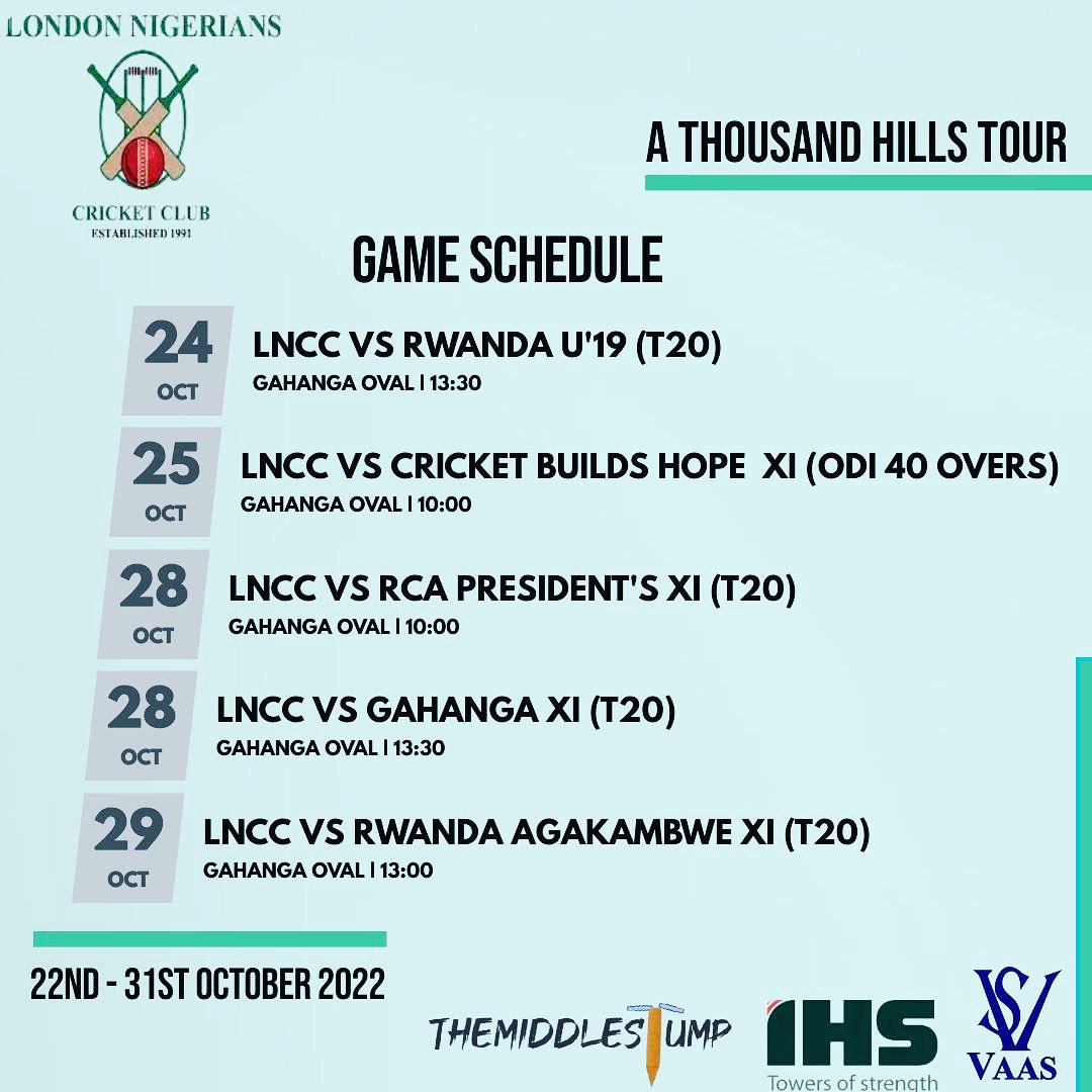 TheMiddleStump2's tweet photo. The fixture list for @lonigcrickclub tour of #rwanda is out. #athousandhills #cricket #cricketbuildshope #themiddlestump #gahangacricketstadium #gahanga #lncctour2022 #lncctour #lncckigali https://t.co/XxhNJIB7Ci