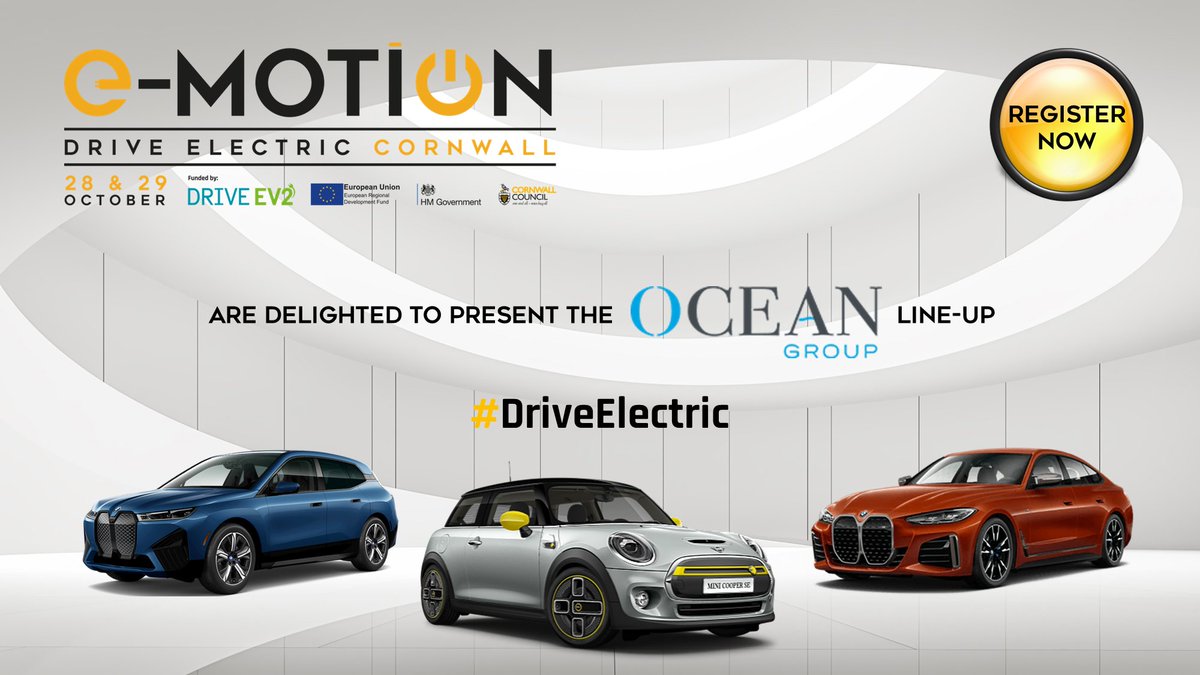 Join <a href="/piratefm/">Pirate</a>'s Love Crew this Friday at the EV event where YOU get to drive EVs from <a href="/Ocean_BMW/">Ocean BMW</a> &amp; MINI. <a href="/CornwallCouncil/">@cornwallcouncil</a> bring you E-MOTION on 28/29 October with 25+ different models to drive! REGISTER NOW: e-motioncornwall.co.uk - Funded by European Regional Development Fund