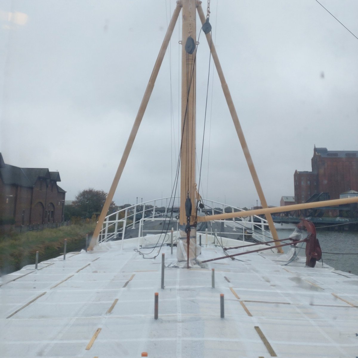 An unusual view from the wheelhouse of Ross Tiger as the current works to the fish deck continue. #Grimsby #HistoricShip #Lincolnshire