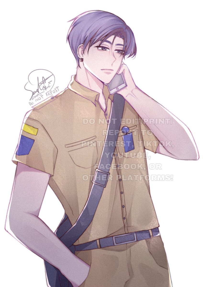 1boy male focus hand in pocket solo holding phone purple hair  illustration images