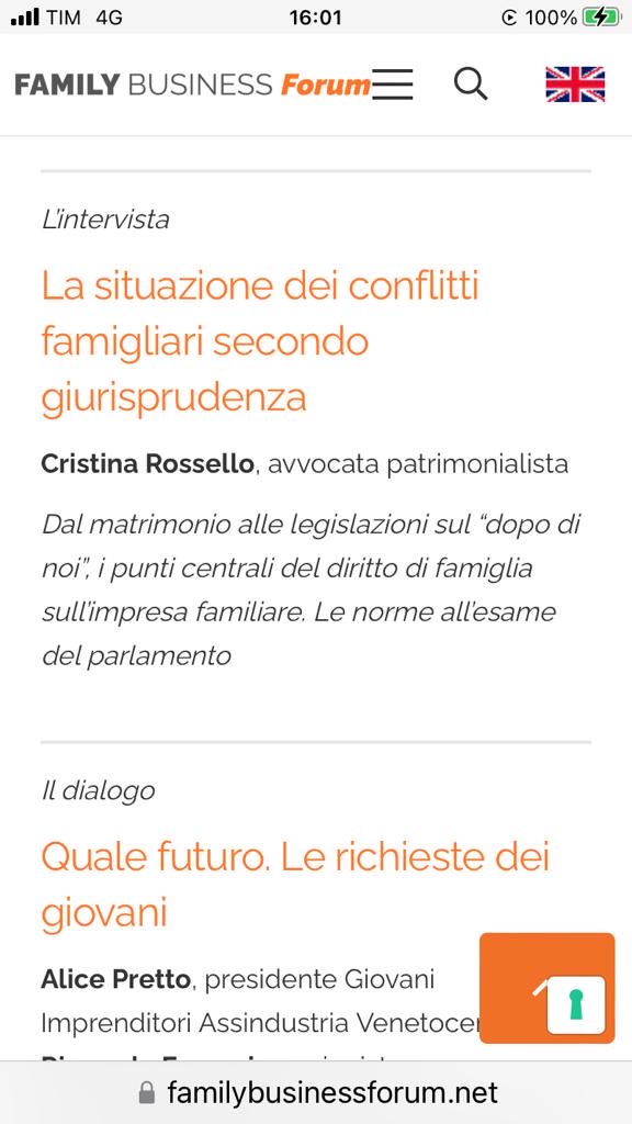Con Maria Silvia Sacchi:  “situazione dei conflitti familiari” al Family Business Forum TV 20-21 ottobre. 
Scelte personali dell’imprenditoria familiare  e impatti nell’#azienda familiare: 
#patrimonio #matrimonio e #famiglia in codici ed evoluzione   giurisprudenziale. Il punto