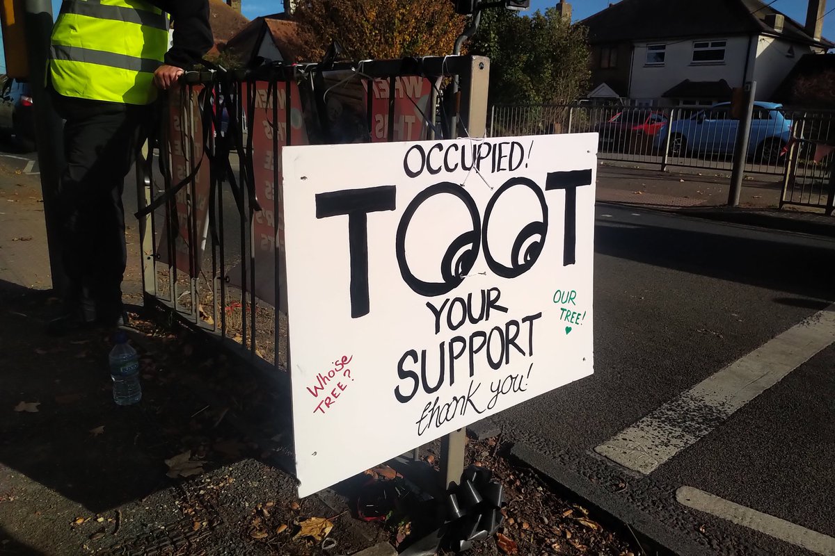 XRSouthend's tweet photo. We're still here defending our old oak outside a #Rochford primary school from Bloor Homes! And let me tell you, we are getting a LOT of honks from local people.
@JustPlaneNews @ChrisGPackham https://t.co/hxfQ4khhbt