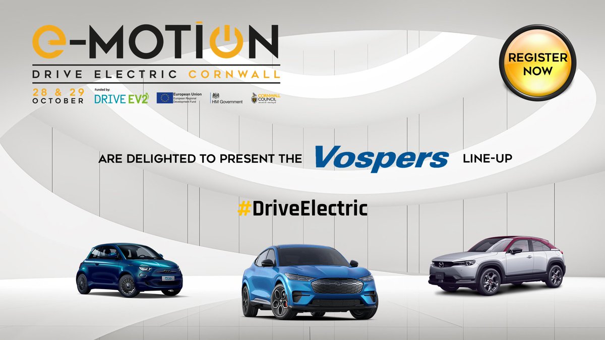 Join <a href="/piratefm/">Pirate</a>'s Love Crew this Friday at the EV event where YOU get to drive EVs from <a href="/VospersMotors/">Vospers</a>  <a href="/CornwallCouncil/">@cornwallcouncil</a> bring you E-MOTION on 28/29 October with 25+ different makes &amp; models to drive! REG NOW: e-motioncornwall.co.uk - Funded by European Regional Development Fund