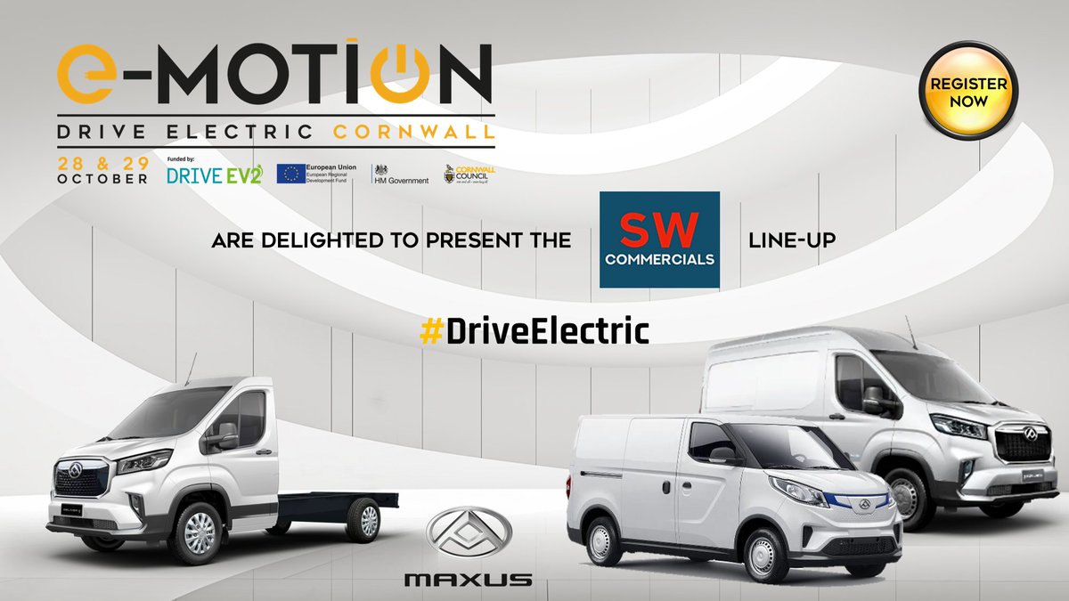 E-MOTION: Drive Electric Cornwall (@emotioncornwall) on Twitter photo Join <a href="/piratefm/">Pirate</a>'s Love Crew this Friday at the EV event where YOU get to drive <a href="/Saicmaxus_uk/">SAIC MAXUS UK</a> e-Vans from SW Commercials. <a href="/CornwallCouncil/">@cornwallcouncil</a> bring you E-MOTION on 28/29 October with 25+ models to drive! REG NOW: e-motioncornwall.co.uk - Funded by European Regional Development Fund Join <a href="/piratefm/">Pirate</a>'s Love Crew this Friday at the EV event where YOU get to drive <a href="/Saicmaxus_uk/">SAIC MAXUS UK</a> e-Vans from SW Commercials. <a href="/CornwallCouncil/">@cornwallcouncil</a> bring you E-MOTION on 28/29 October with 25+ models to drive! REG NOW: e-motioncornwall.co.uk - Funded by European Regional Development Fund