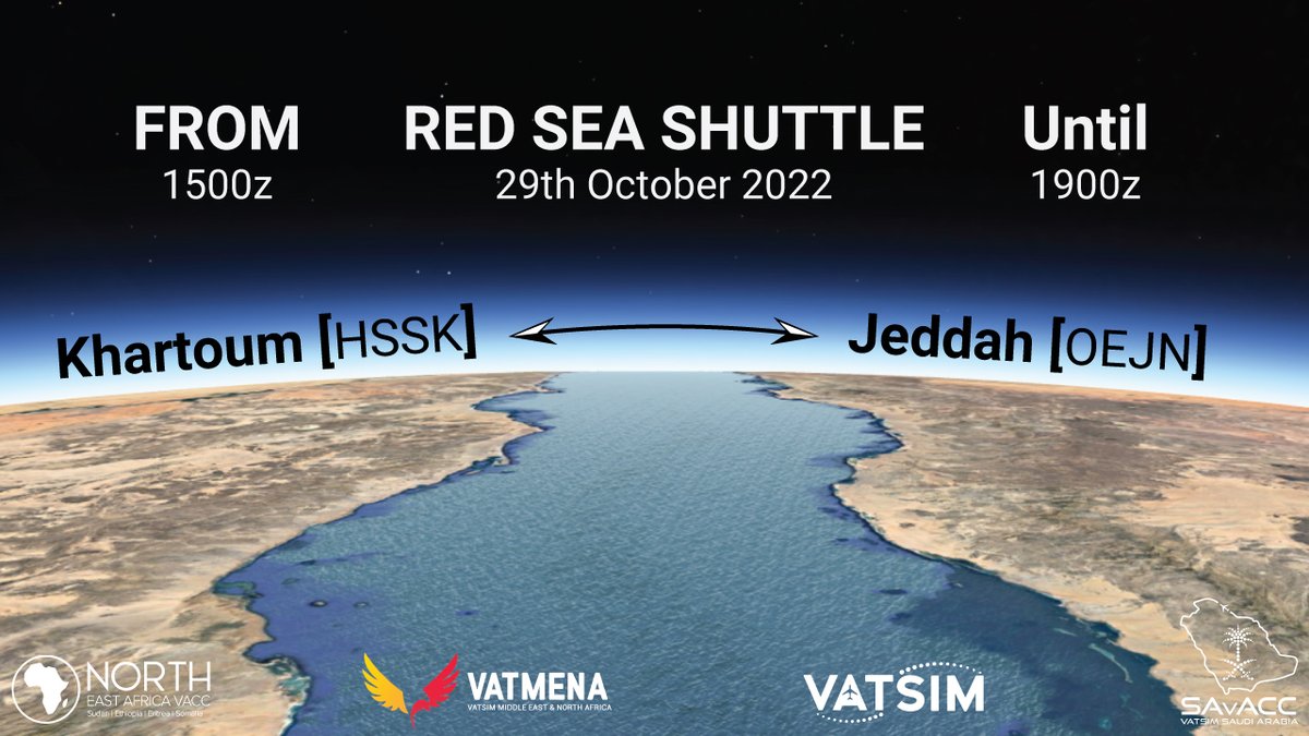 VATSIM Saudi Arabia and VATSIM North East Africa present their first collaborated event, the Red Sea Shuttle event!

For more information about routes, participating airports, and timing, please have a look at the HQ, link in the bio!