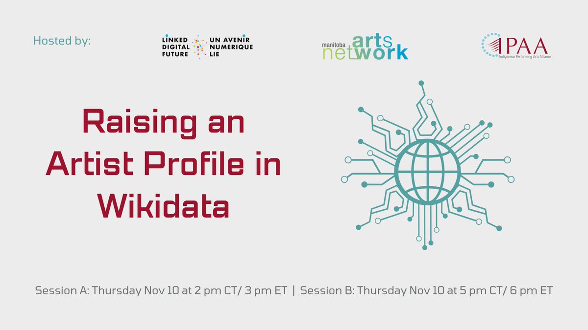 ipaaonline's tweet image. NOV 10: @ipaaonline is cohosting a free online workshop "Raising an Artist Profile in Wikidata", with partners @CAPACOA #LinkedDigitalFuture and @MBArtsNet. 
To learn more and register ➡️ bit.ly/3eAmdoB