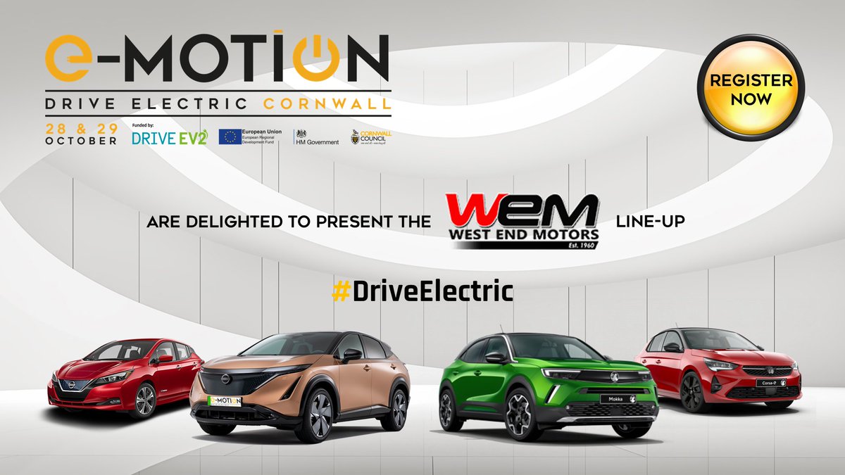 E-MOTION: Drive Electric Cornwall (@emotioncornwall) on Twitter photo Join <a href="/piratefm/">Pirate</a>'s Love Crew this Friday at the EV event where YOU get to drive EVs from <a href="/WestEndMotors/">West End Motors</a> <a href="/CornwallCouncil/">@cornwallcouncil</a> bring you E-MOTION on 28/29 October with 25+ different makes & models to drive! REG NOW: e-motioncornwall.co.uk - Funded by European Regional Development Fund Join <a href="/piratefm/">Pirate</a>'s Love Crew this Friday at the EV event where YOU get to drive EVs from <a href="/WestEndMotors/">West End Motors</a> <a href="/CornwallCouncil/">@cornwallcouncil</a> bring you E-MOTION on 28/29 October with 25+ different makes & models to drive! REG NOW: e-motioncornwall.co.uk - Funded by European Regional Development Fund