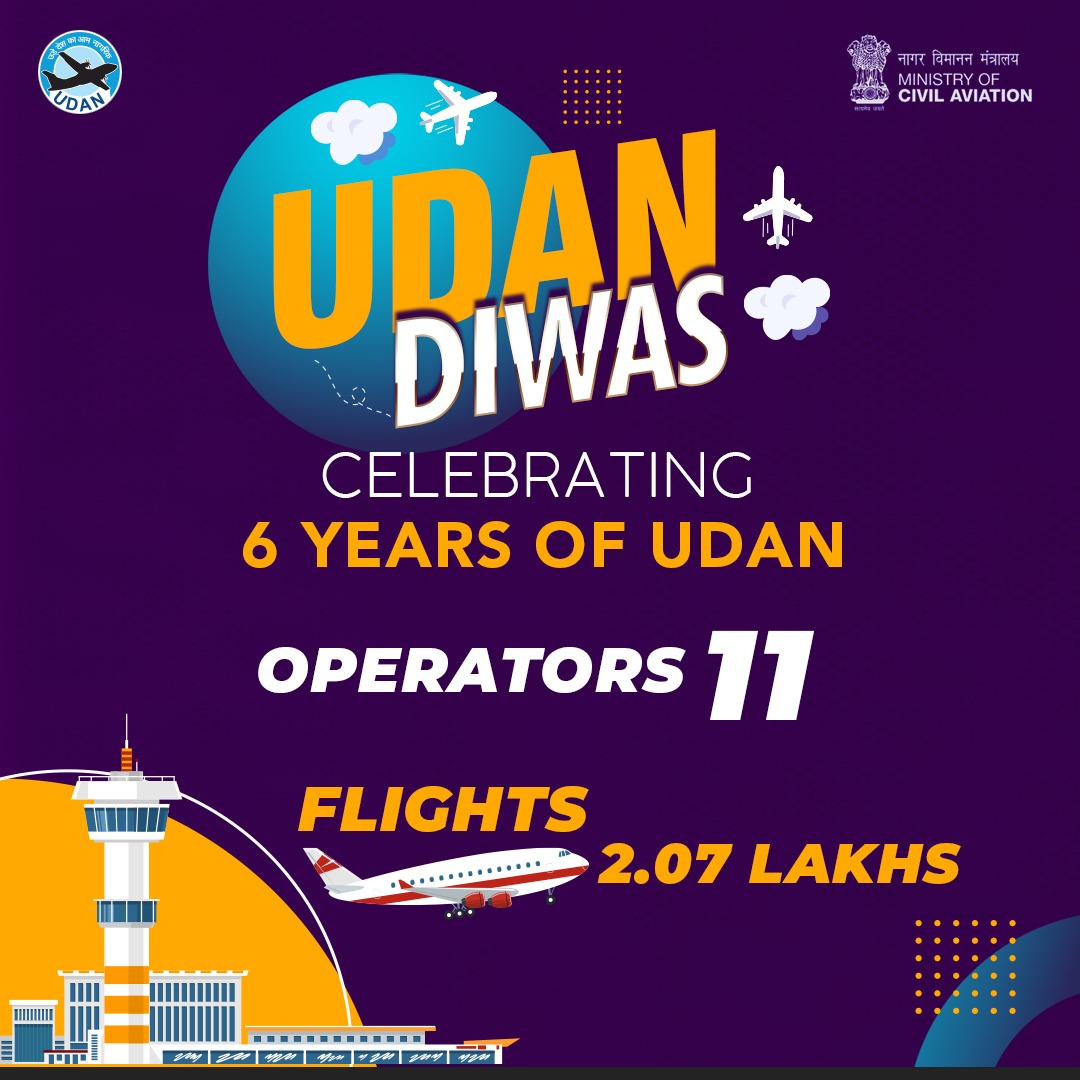 MoCA_GoI's tweet photo. Celebrating #UDANDiwas!
Under the #UDAN scheme, we have successfully flown 2.07 Lakhs flights with 11 Airline Operators and we aim to increase the number in the upcoming years.
#SabUdenSabJuden https://t.co/XA0MEaMeHz