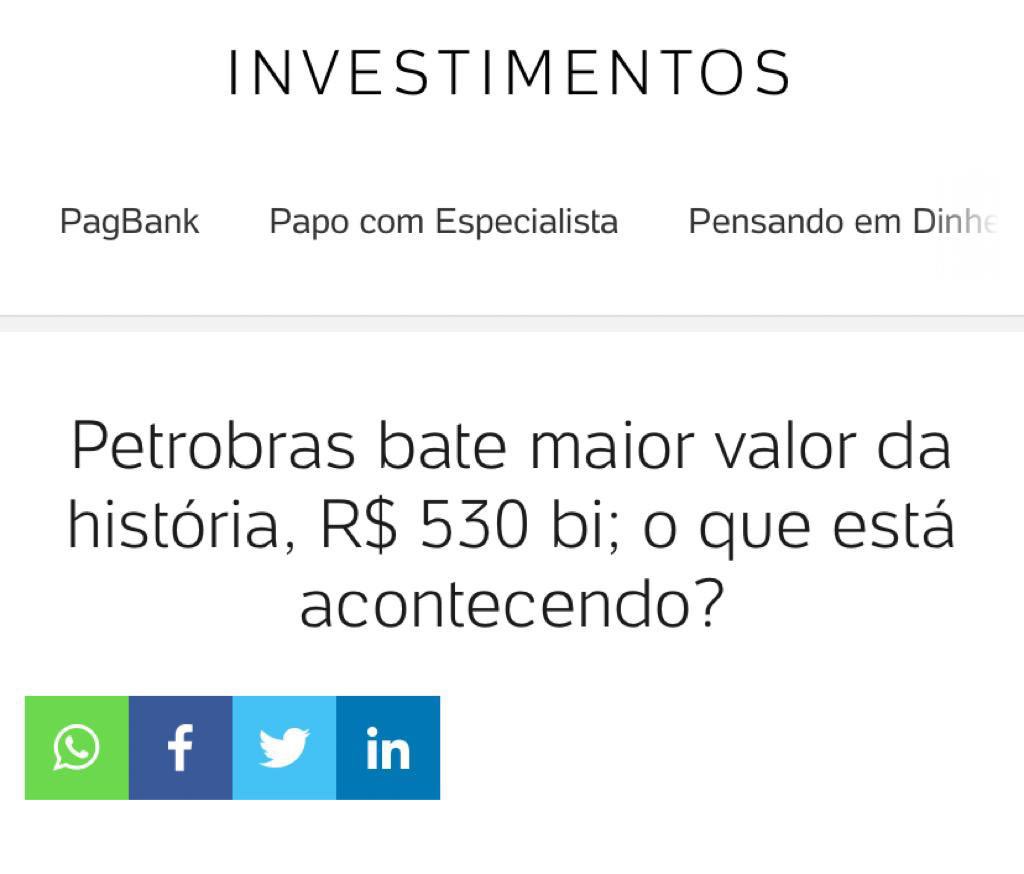 Petrobras bate recorde histórico de valor. Petrobras nas manchetes, por causa de muito dinheiro. Agora, sem nenhum escândalo e com o Brasil ganhando. Essa é a diferença! Bolsonaro presidente pelo bem do Brasil!!!🇧🇷🇧🇷🇧🇷