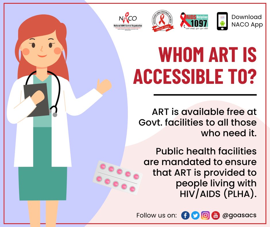 Did you know, ART is available for free at Government facilities to people who need it!
.
.
#antiretroviraltherapy #antiretroviral #arttreatment #HIVTreatment #stayinformed #dial1097 #NACOApp #HIVawareness #HIV #AIDS #goasacs