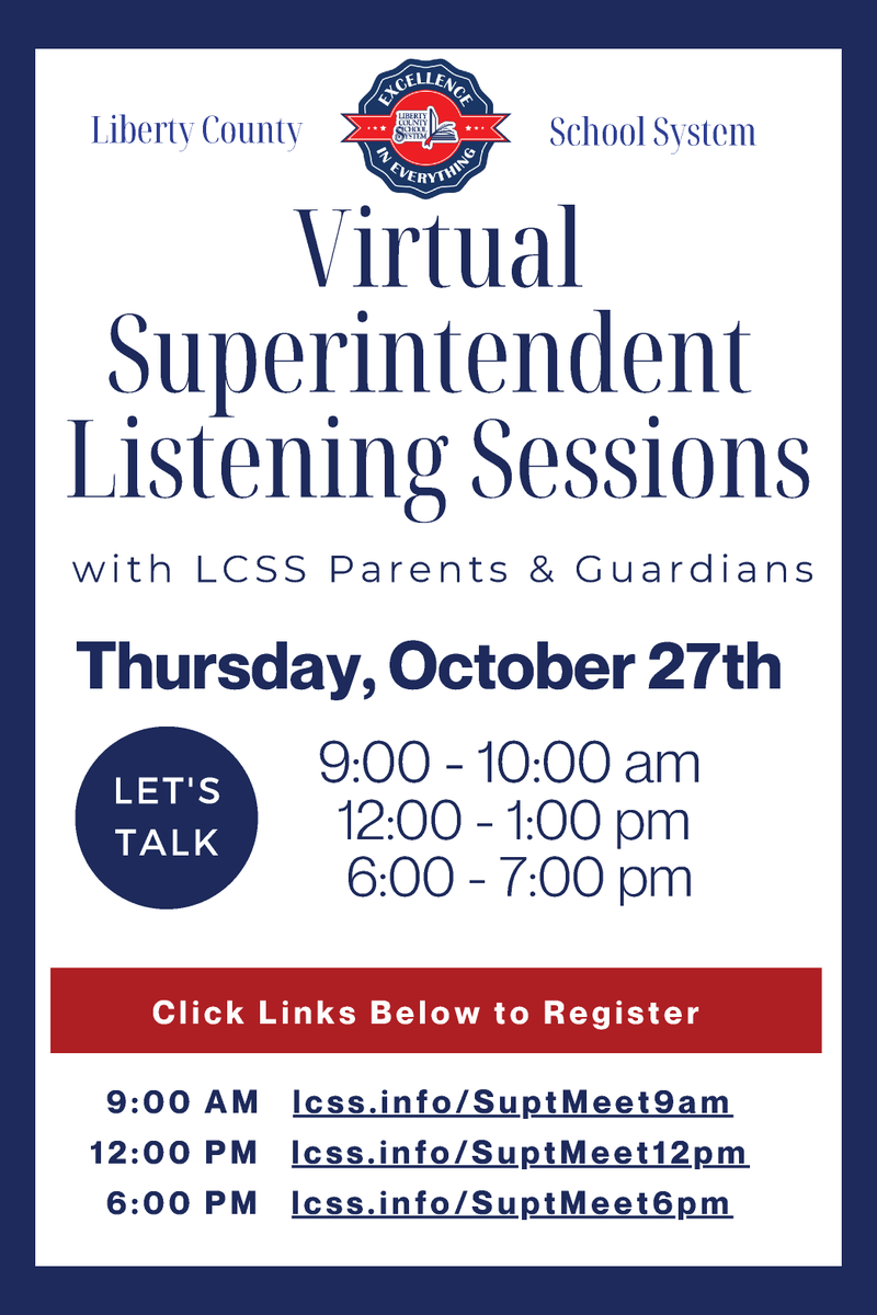 LibertyCoSchool's tweet image. Parents &amp;amp; Guardians please join us for one of three Virtual Superintendent Listening Sessions. Click one of the links below to register for the time that is best for you. 
9:00 AM  lcss.info/SuptMeet9am

12:00 PM lcss.info/SuptMeet12pm

6:00 PM lcss.info/SuptMeet6pm