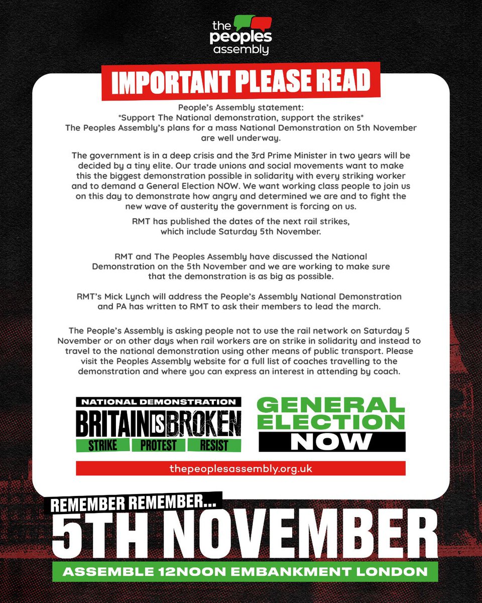 Important Statement from The People's Assembly regarding National Demonstration & @RMTunion Rail Strike on 5 Nov For local coaches see here: thepeoplesassembly.org.uk/demo-transport/ See you on the streets! #RememberRemember5Nov #GeneralElectionN0W