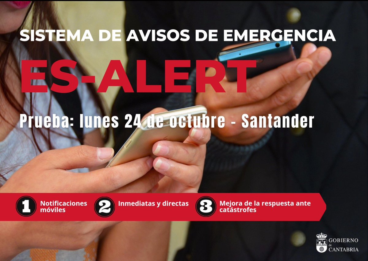 El lunes 24 se PRUEBA en #Cantabria un sistema de avisos de emergencia a moviles desarrollado por <a href="/interiorgob/">Ministerio del Interior</a>.

En el entorno de #Santander los smartphone recibirán una notificación acompaña de un pitido y vibración. Para quitarla de la plantalla solo hay que dar a ACEPTAR.