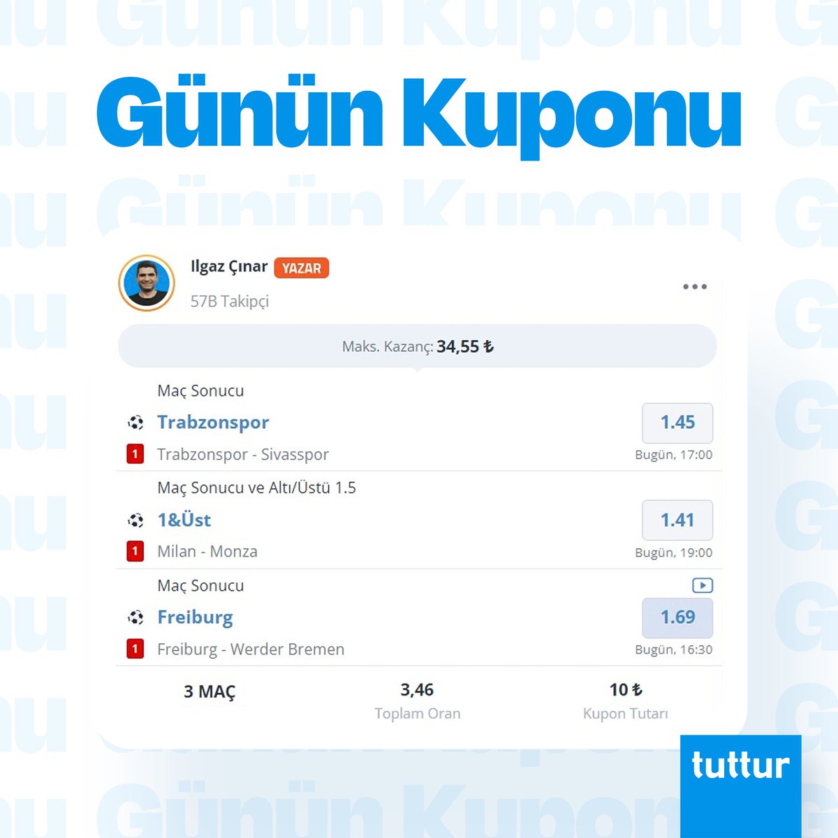 🔥Günün kuponu @ilgazcinar73 'den... 🔸Süper Lig, Serie A ve Bundesliga'dan birer maçı tek kuponda birleştiren başarılı tahmincinin şansına ortak olmak ister misin? 👉tuttur.com/sosyal/sosyal-…