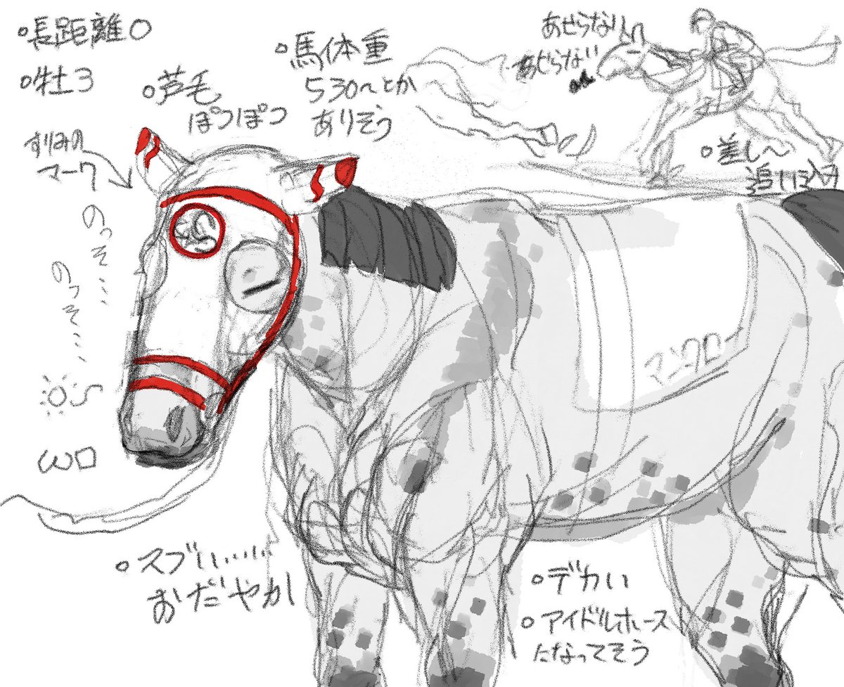 ※擬獣化※
すりみの擬獣化をよく見かける気がするので、私も競走馬にして描いてみました
完全に私の趣味ですね 