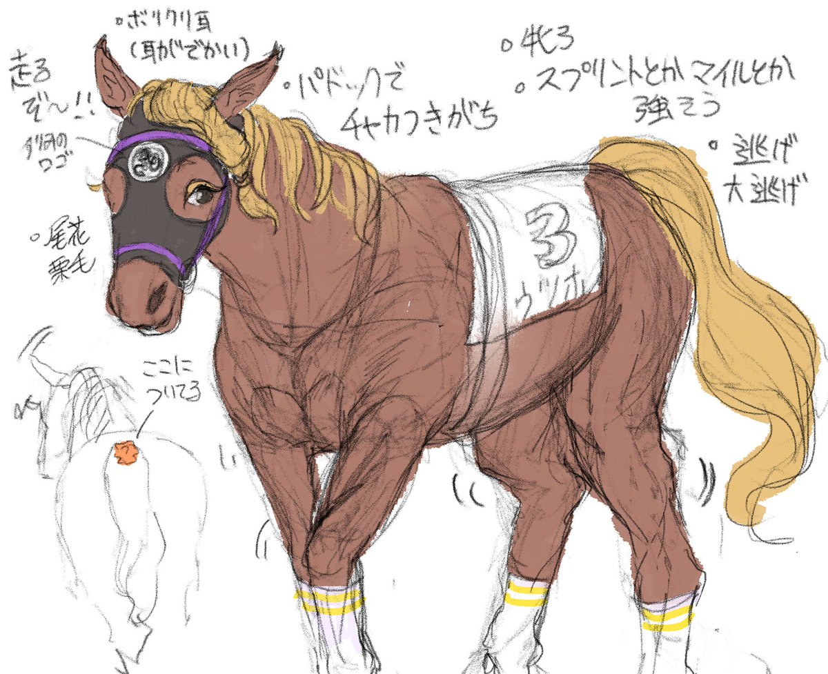 ※擬獣化※
すりみの擬獣化をよく見かける気がするので、私も競走馬にして描いてみました
完全に私の趣味ですね 