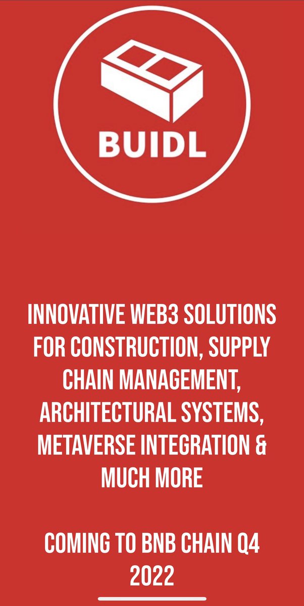 ProjectBuidl's tweet image. #COMINGSOON #Crypto #Binance #BNBChain #Construction #SupplyChain - Register your interest today at projectbuidl.com 🧱🏗👷‍♂️👷‍♀️