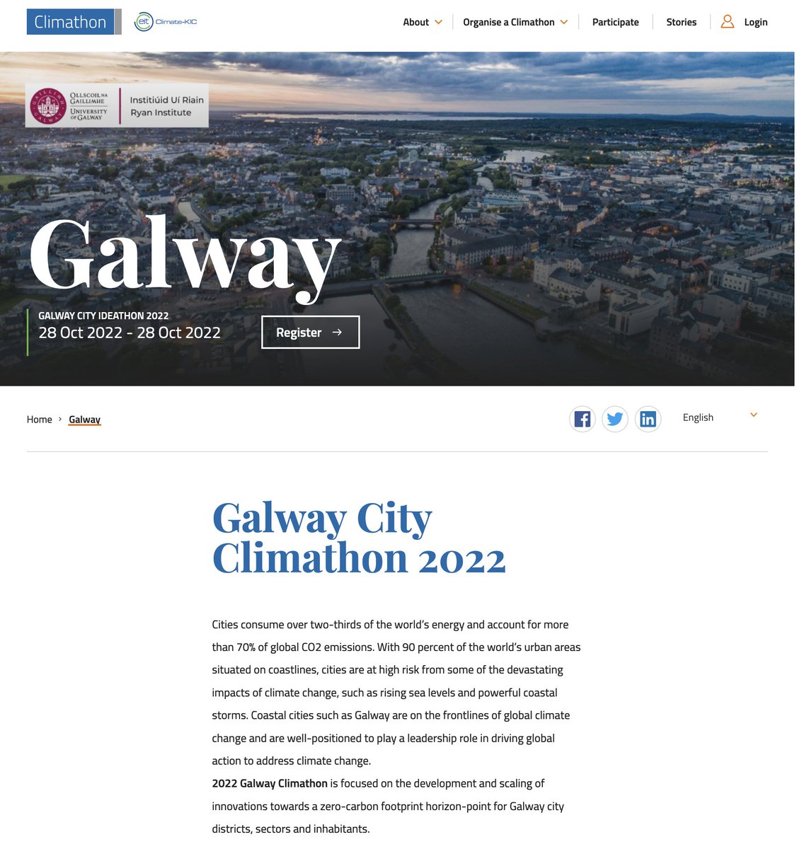 #Galway City #Climathon 2022 is a great way to join others on #ClimateAction

💪 Join us on 📅 Friday 28 Oct | 🕘 9AM – 5PM 

Register now 👉 
climathon.climate-kic.org/galway

All with ideas for climate solutions for Galway city welcome!

Run by <a href="/RyanInstitute/">Ryan Institute @ University of Galway</a> <a href="/uniofgalway/">Ollscoil na Gaillimhe | University of Galway</a> &amp; <a href="/portershed/">PorterShed</a>