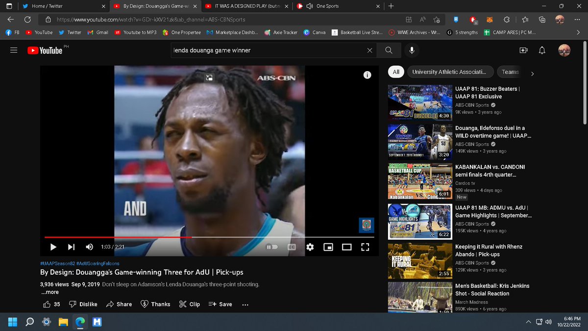 BaronBrylle's tweet photo. SHEEEESH LENDA DOUANGA!! What are the odds!!! Yung pinapanuod ko to tapos naka game tying shot sya!! sheeeesh!! #UAAP #AdamsonU #FalconsLetsGo https://t.co/3mOibcwSad