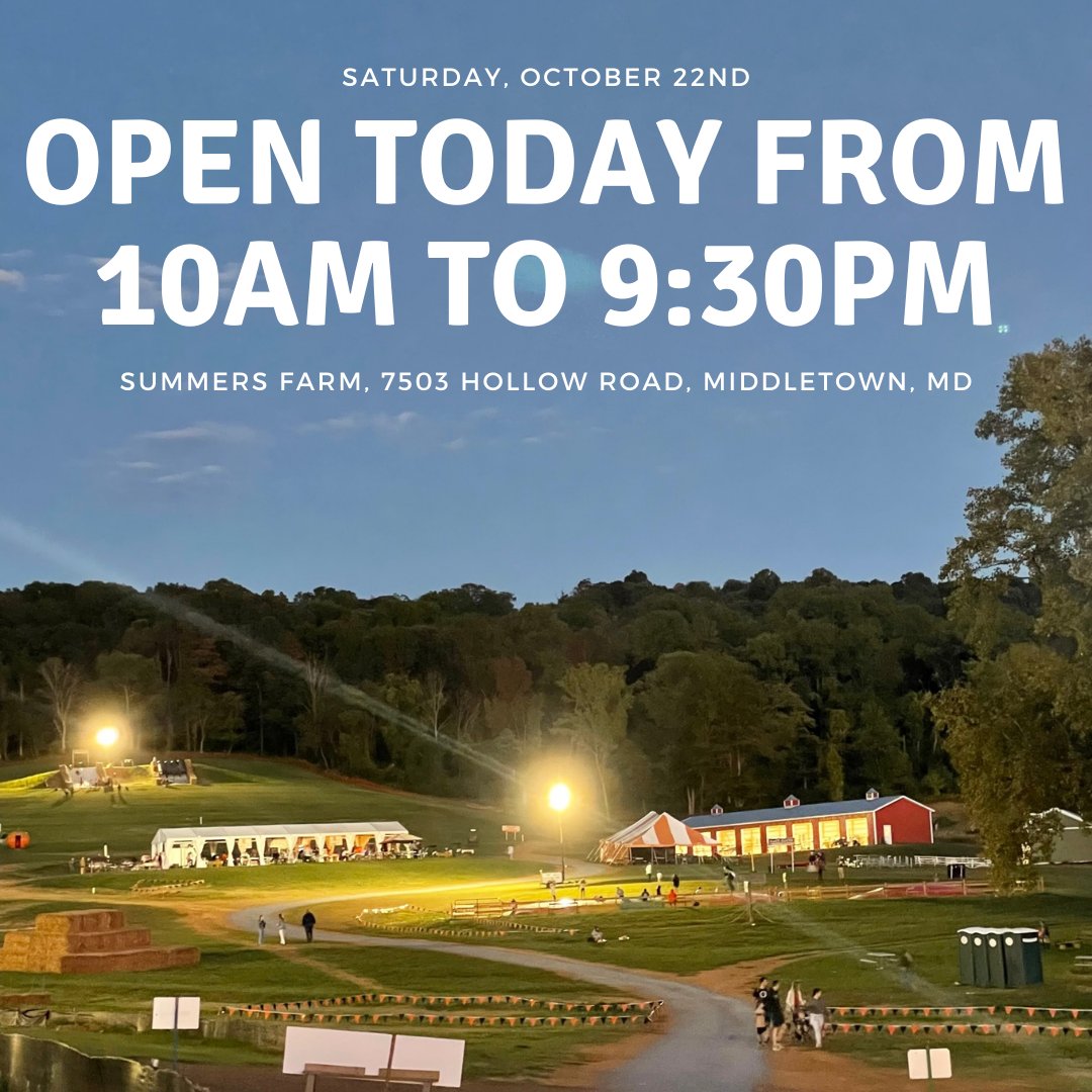 SummersFarm's tweet image. Summers Farm is open today, Saturday, October 22nd from 10am to 9:30pm. Fireworks will be around 7:30pm, weather permitting!

Tickets are strongly encouraged to be purchased online and early (plus you save money by buying online!)!