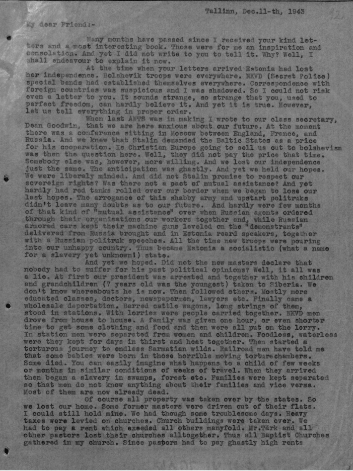 EerikNKross's tweet photo. A letter by an Estonian Baptist pastor to a friend in New York from German occupied Estonia 1943. Describes the first Soviet occupation 1940-41. The deportations described are happening right now in Ukraine exactly the same way. https://t.co/WTlaSTe2Pe