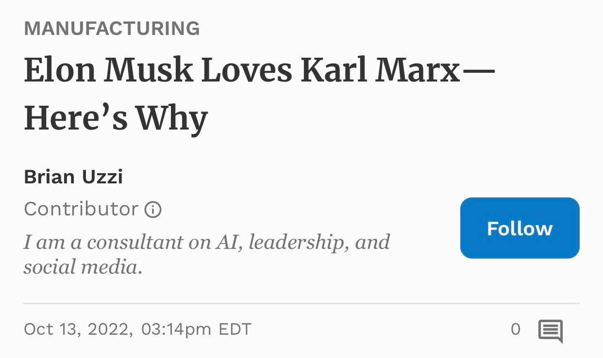 In this bizarre piece on Elon Musk loving Karl Marx, the only great thing is that Forbes admits Karl Marx is the undisputed brilliant thinker of all time. That's right, he is.