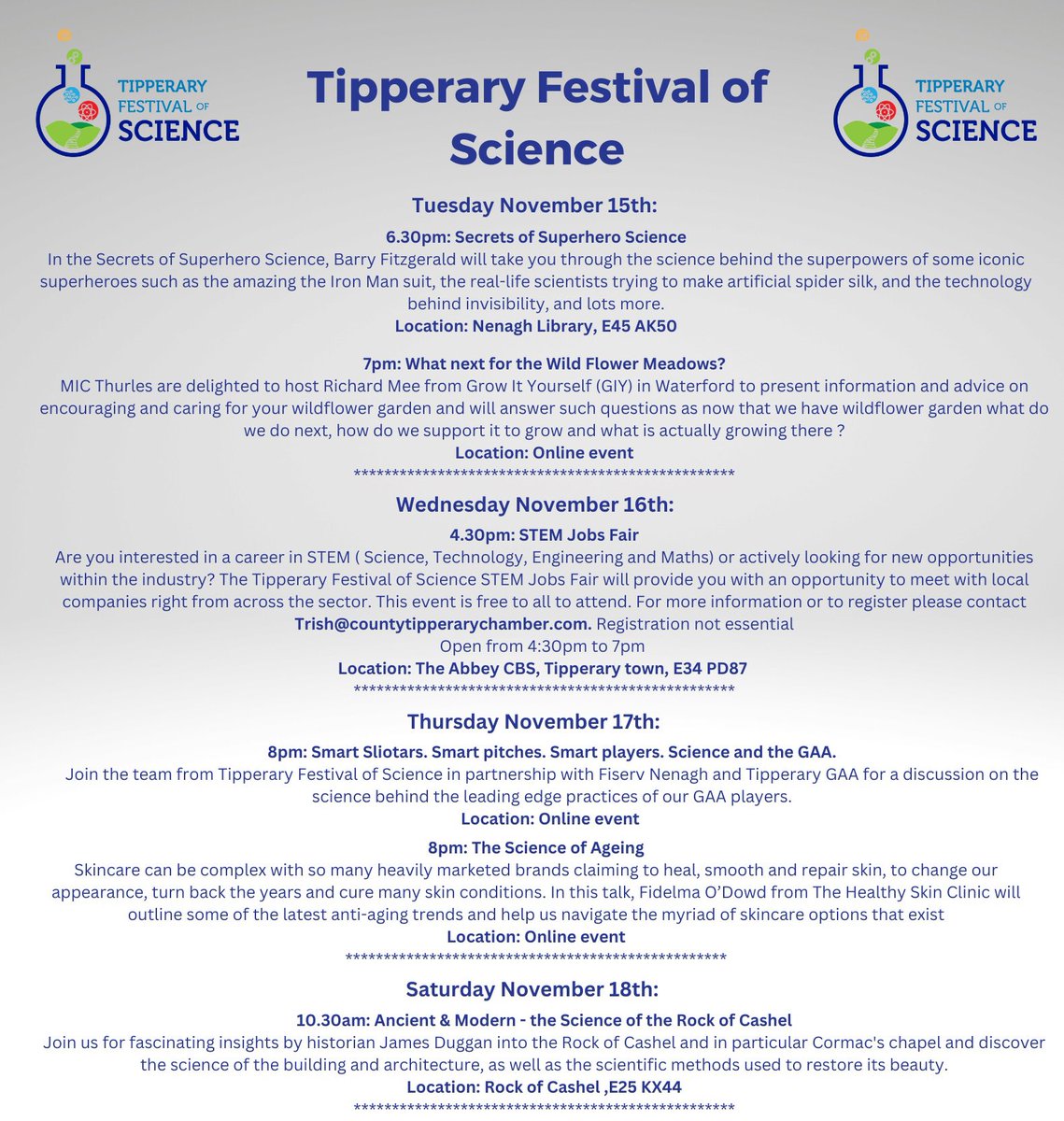 All set for an amazing line up of events with schools but we also have lots of public events. More information on how to book to follow soon @SFICuriousMinds @scienceirel @ScienceWeek @MICLimerick