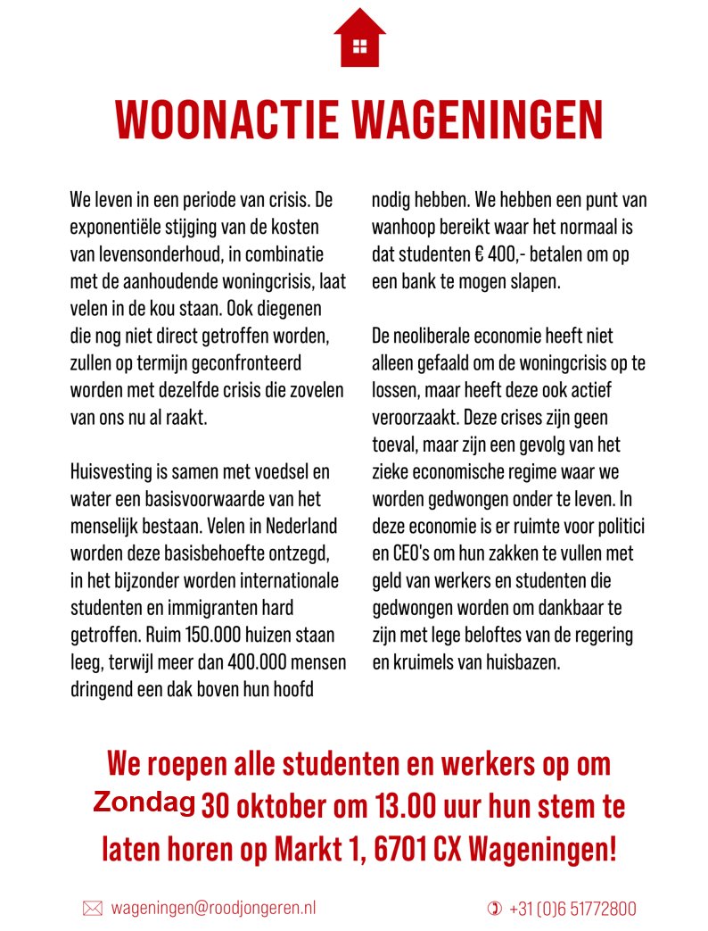 Op Zondag 30 oktober is de enige echte

Woonactie Wageningen

Meld je aan en strijd mee!
fb.me/e/2Vz5G4A6H