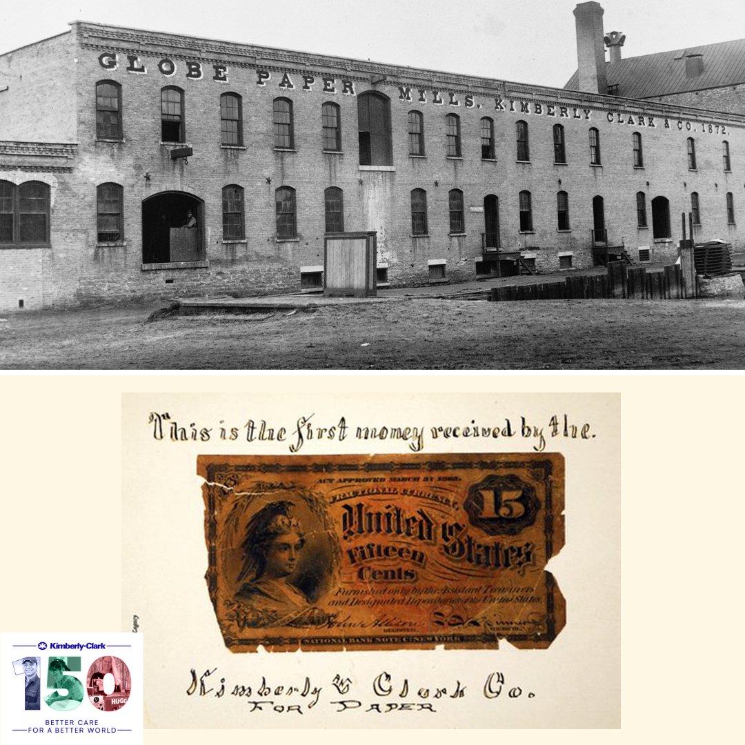 #OnThisDay in 1872, production began at our Globe Mill in Neenah, WI, the first Kimberly-Clark mill. That same day, John A. Kimberly, one of our founders, made the company’s first sale by selling a stack of paper for a “shinplaster” – a piece of paper currency worth 15 cents.