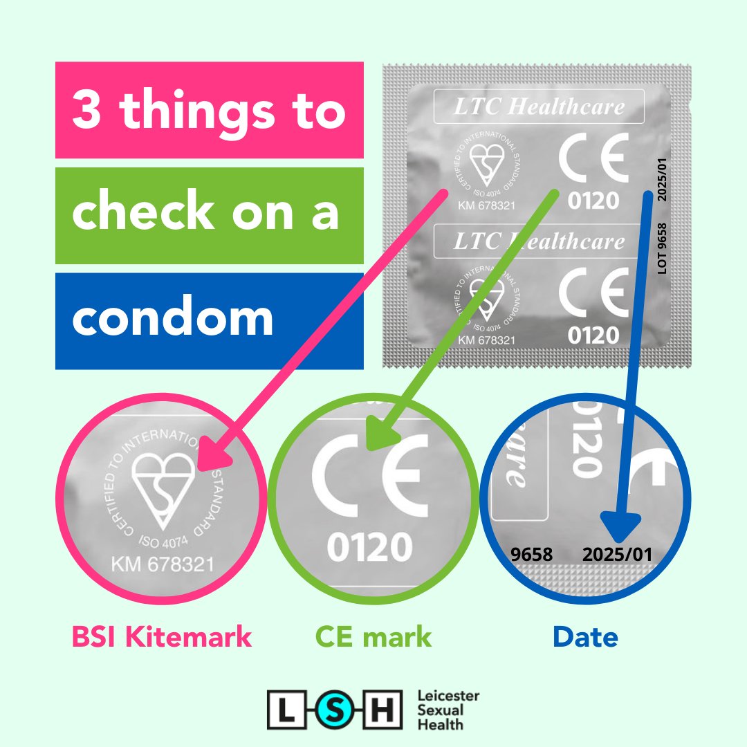 3 things to always check on a condom ✅ 1. British Standards Institution kitemark 2. CE mark 3. Date If the condom doesn't have the two marks, it means it hasn't passed safety testing & may be more likely to break. If it's out of date, it's more likely to break too!