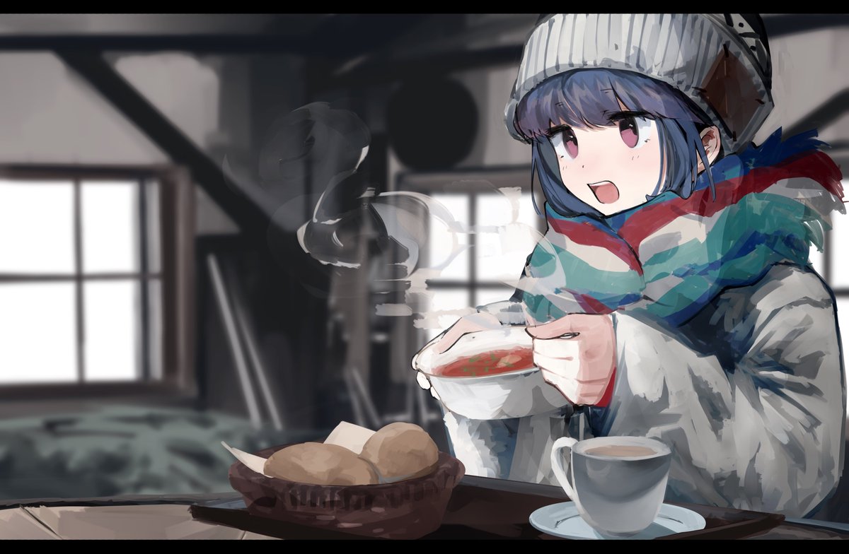 shima rin 1girl steam solo blue hair food scarf hat  illustration images