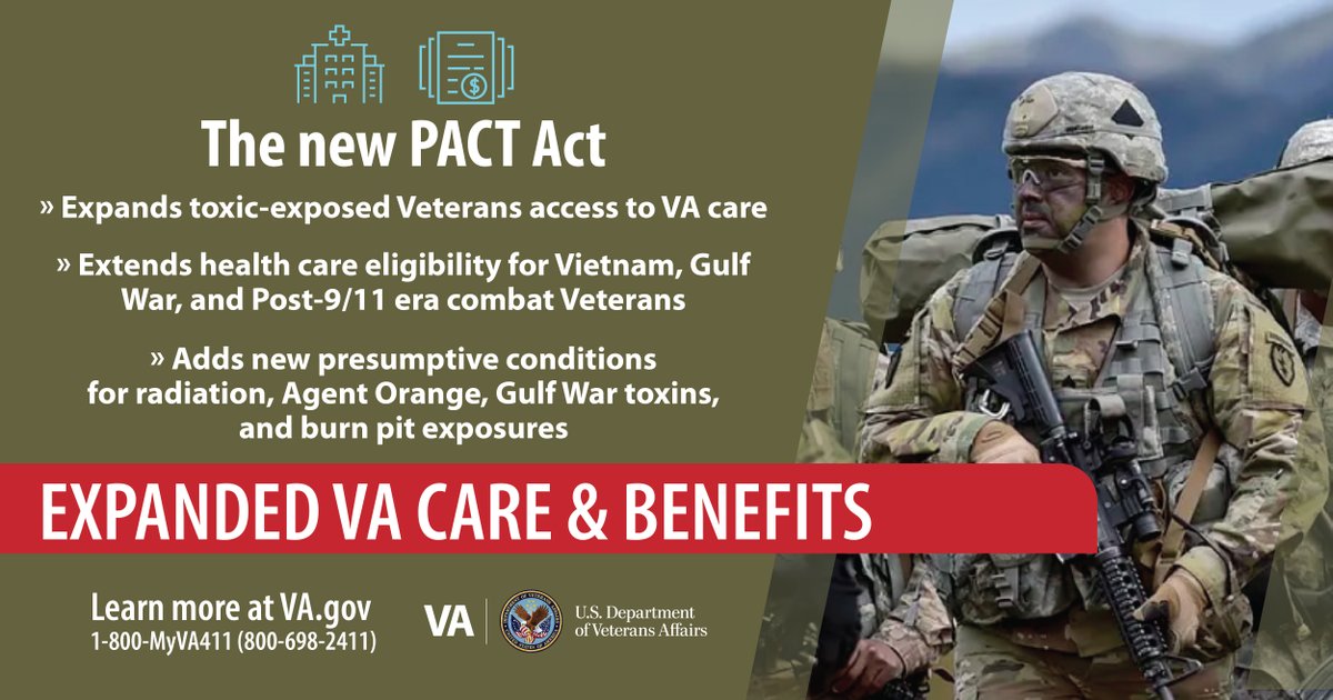 Veterans who were exposed to toxic fumes while fighting for our country are heroes, and they deserve world-class benefits and care. Visit va.gov/pact or call 1-800-MyVA411 (800-698-2411). #PACTAct