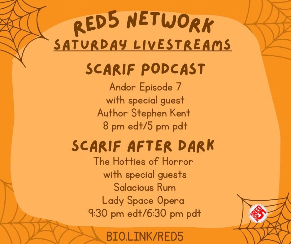 Red5Network's tweet photo. Tonight’s #Red5Network livestreams will send you screaming! First it’s the shillest of the shill shacks, it’s @ScarifPodcast talking some #Andor with author @Stephen_Kent89! Then @ScarifAfterDark takes over with the Hotties of Horror with @SalaciousRum and @LadySpaceOpera! 🔥😈 https://t.co/Z7MHu973RS