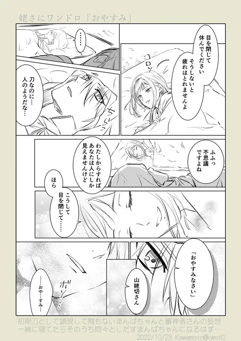 姥さに 「おやすみ」 姥さにだ…と主張しておく…そして遅刻もすんません
#W山姥切と女審神者版60分一本勝負 