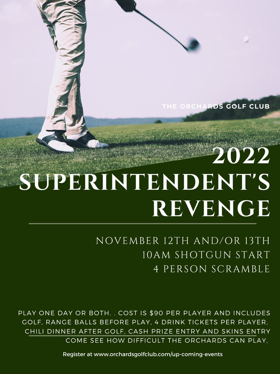 The Saturday round of the Superintendent's Revenge is now full. We have a waitlist started, but can't guarantee spots on Saturday. 

The Sunday round still has openings, click the link below to register your team!

ow.ly/IG3b50Lil9Q