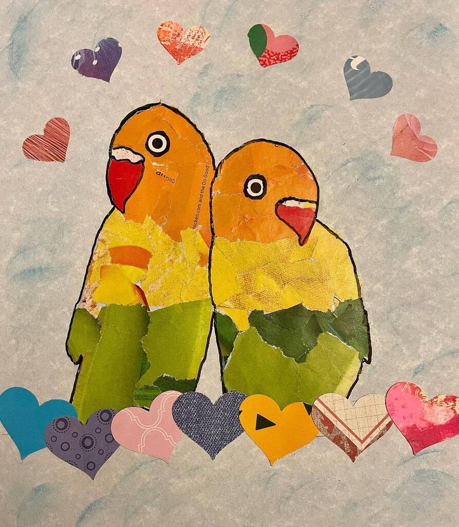 #Lovebirds 

#Birdtober2022 #birdtober #bird #originaldrawing #papercollage #tornpapercollage #mixedmediaart #magazineart #OctoberArtChallenge @aholmesartstudio