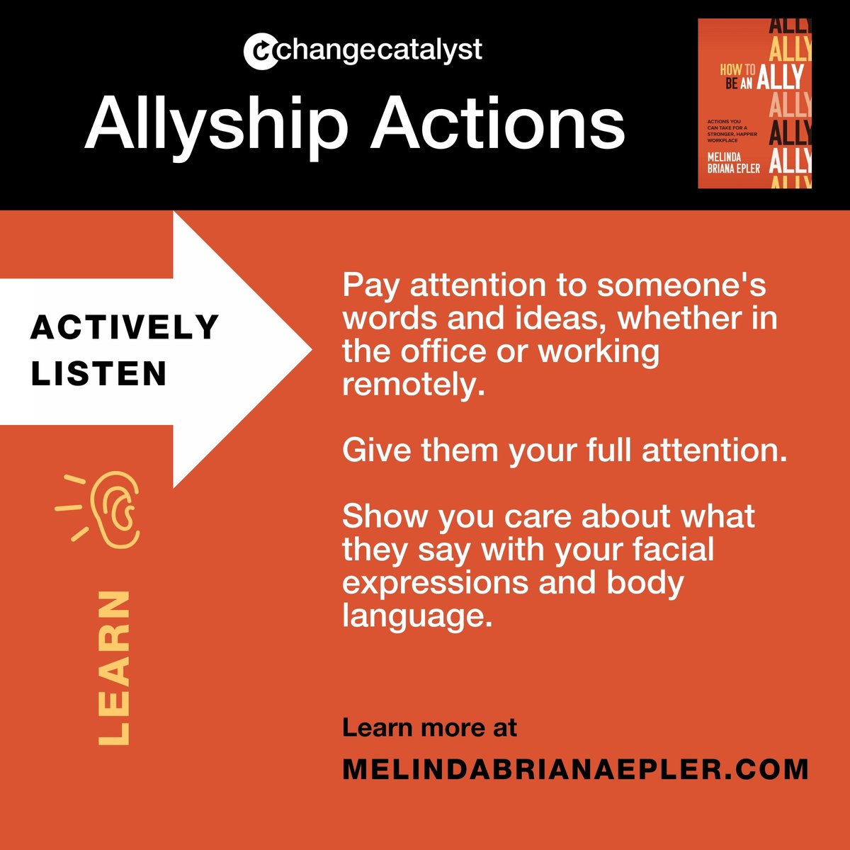 Often people with underrepresented identities are dismissed, interrupted, avoided, and invisibilized. Allies can show support and model allyship for the people around them by actively listening.

MelindaBrianaEpler.com 📙

#BeAnAlly #DEI #AllyshipActions