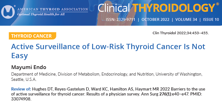clinicalthyroid's tweet photo. This @AnnalsofSurgery survey study outlines the challenges involved in the active surveillance of low-risk #thyroidcancers.
https://t.co/bC0dEB0nv9
#AmericanThyroidAssociation #ClinicalThyroidology #endotwitter #medtwitter #ATA2022 https://t.co/LeeIrLiYXC